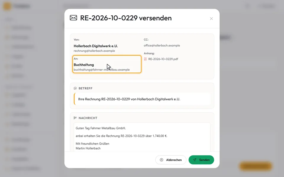 Das Fenster „… versenden“ mit den Feldern „Von:“ und „An:“