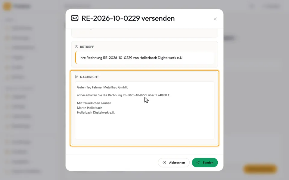 Betreff und Nachricht in der Vorschau