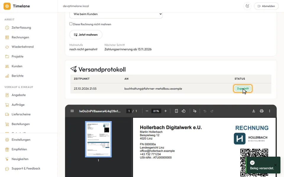 „Versendet am …“ im Kopf und das Versandprotokoll mit „Zugestellt“