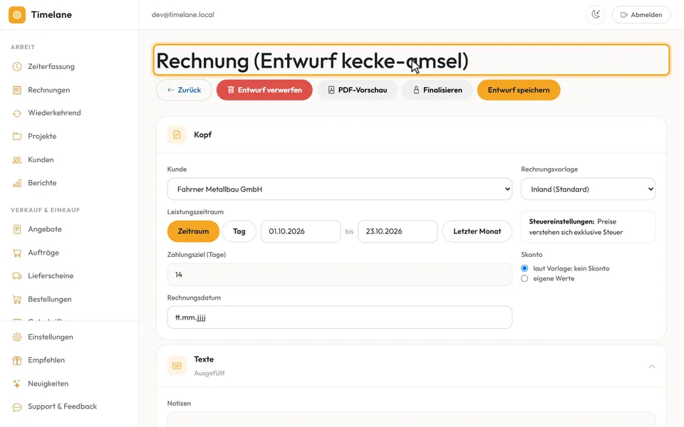 Die Überschrift „Rechnung (Entwurf …)“