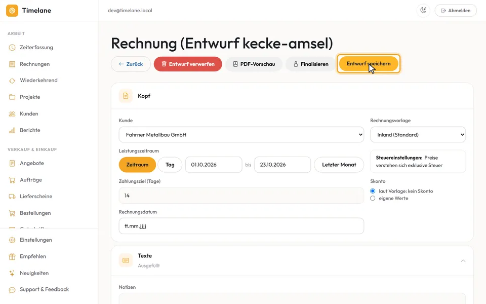Geänderte Menge einer Position, danach „Entwurf speichern“