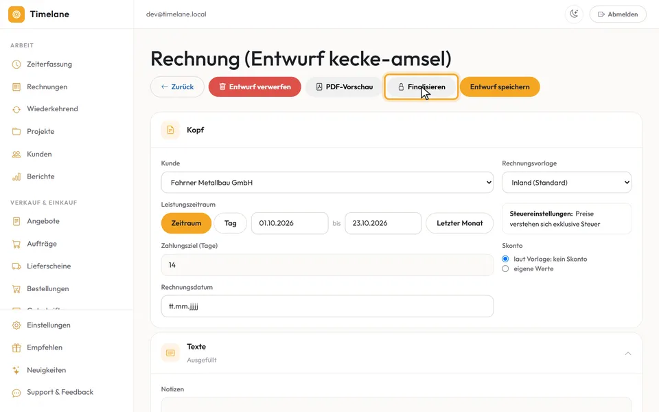 Der Knopf „Finalisieren“