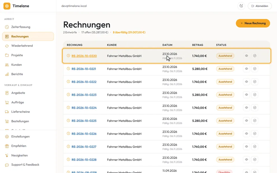 Die Rechnungsliste mit ihren Spaltenköpfen
