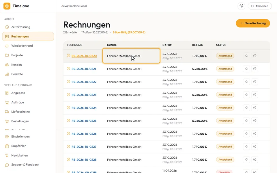 Die Spalten „Rechnung“ und „Kunde“ einer Zeile