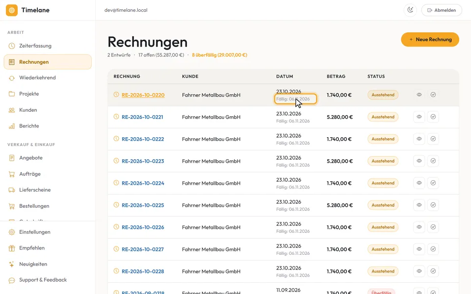 Das Rechnungsdatum mit „Fällig:“ darunter