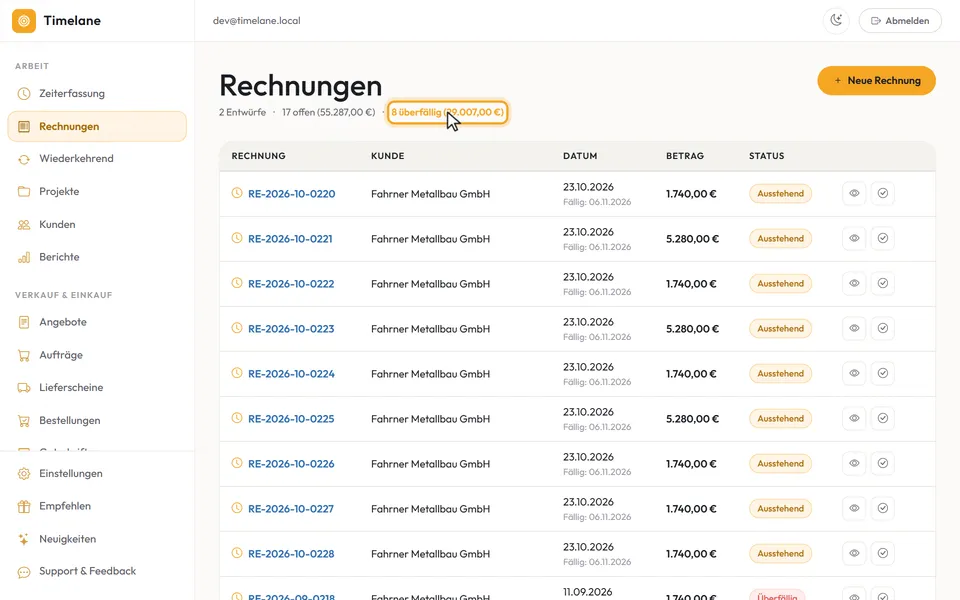 Die Zeile unter „Rechnungen“ mit offen und überfällig