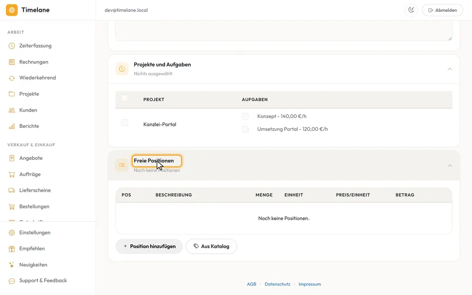 Die Abschnitte „Projekte und Aufgaben“ und „Freie Positionen“