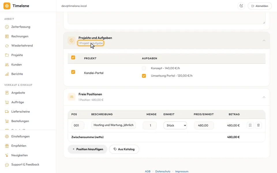 Die Aufgabe „Umsetzung Portal“ angehakt