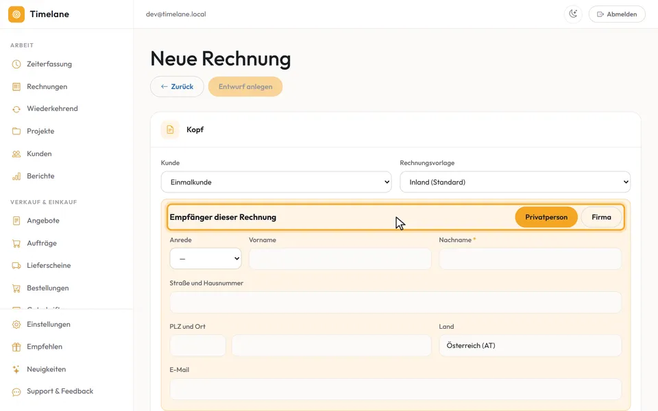 „Einmalkunde“ ist gewählt, darunter „Empfänger dieser Rechnung“