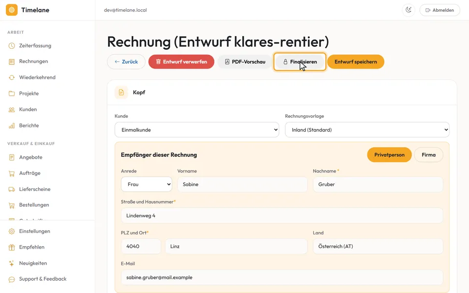 Der Entwurf mit dem Knopf „Finalisieren“