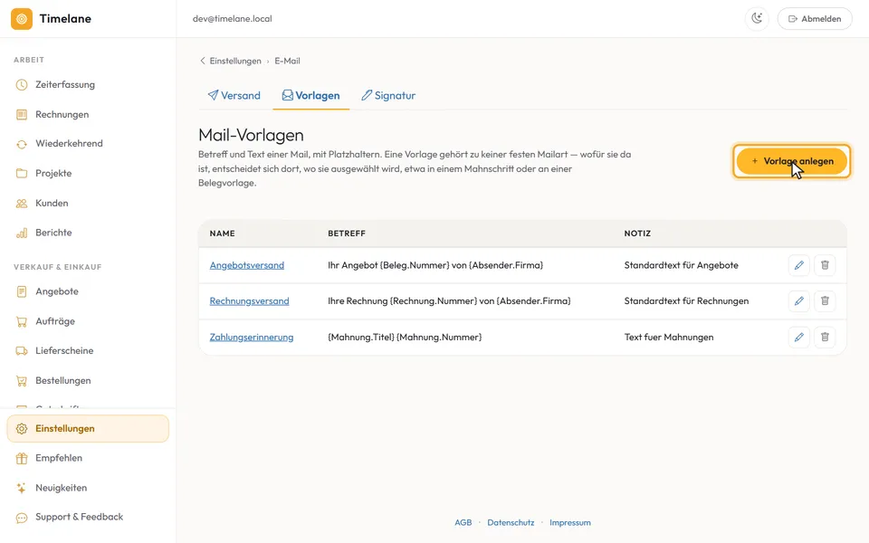 Die Liste der Mail-Vorlagen mit dem Knopf „Vorlage anlegen“