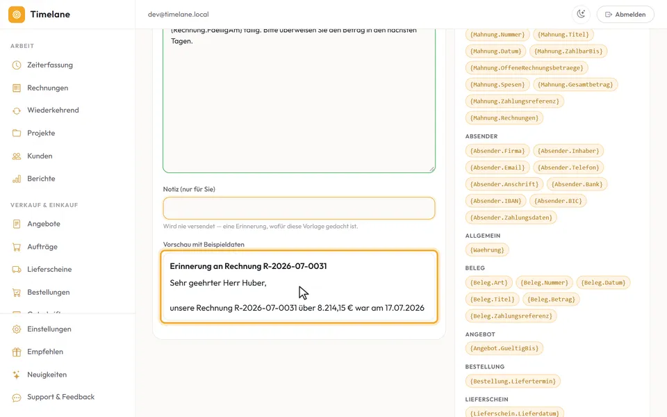 Der Text mit Platzhaltern und die Vorschau mit Beispieldaten