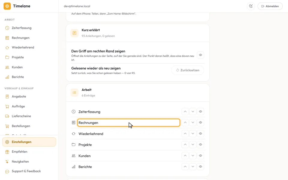 Die Seite „Menü anpassen“ mit den Gruppen und Einträgen