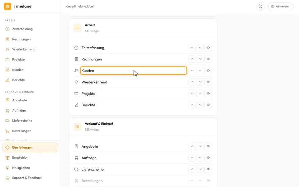 Der Eintrag „Kunden“, nach oben verschoben