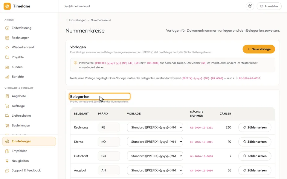 Die Seite „Nummernkreise“ mit den Bereichen „Vorlagen“ und „Belegarten“