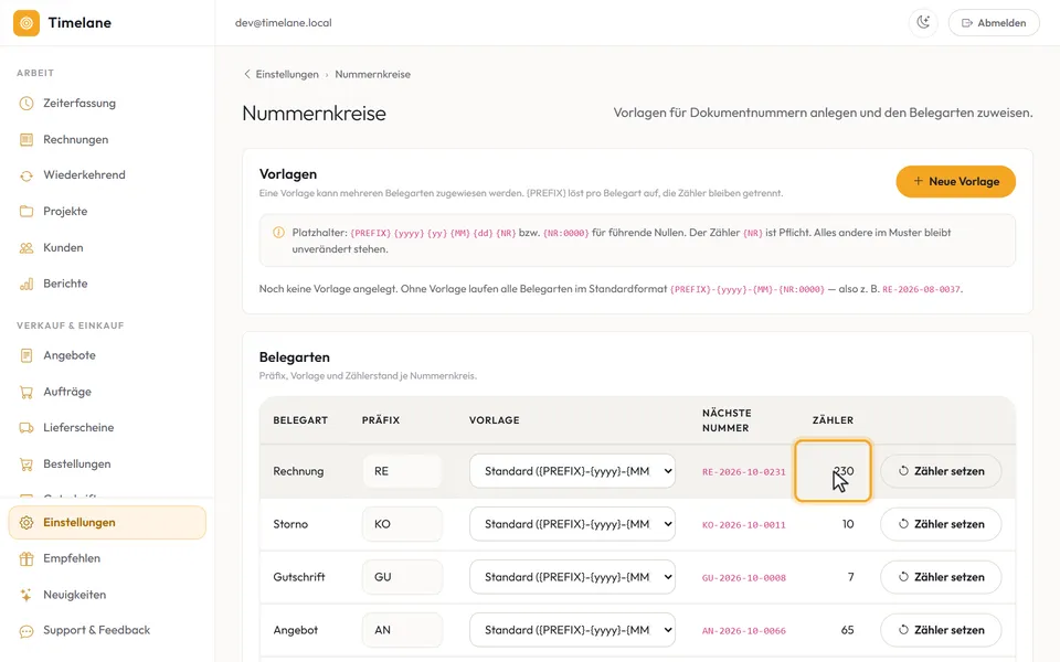 Die Zeile „Rechnung“ mit Präfix, Vorlage, nächster Nummer und Zähler