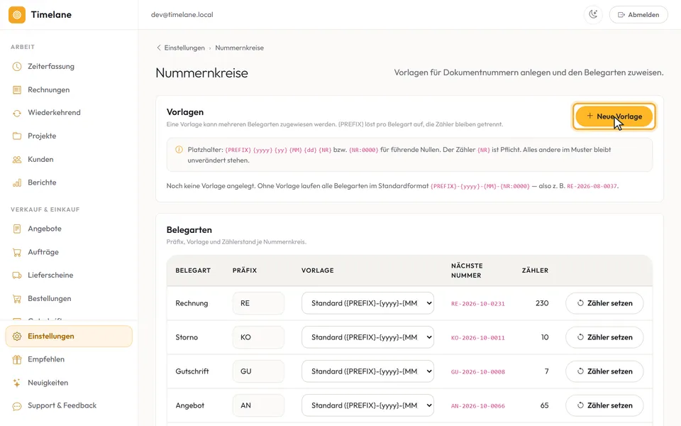 Der Knopf „Neue Vorlage“ oben auf der Seite