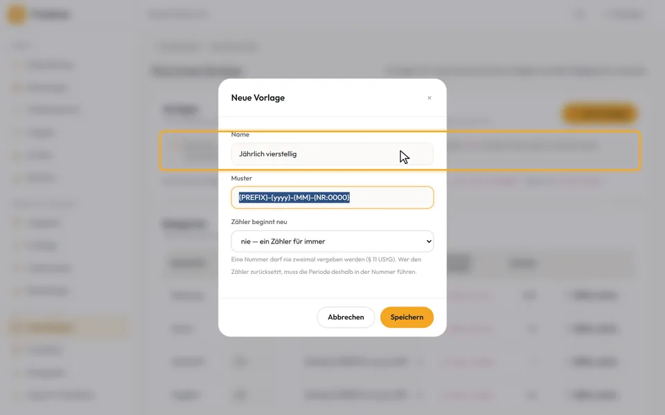 Der Dialog „Neue Vorlage“ mit dem Namen, daneben der Kasten mit den Platzhaltern