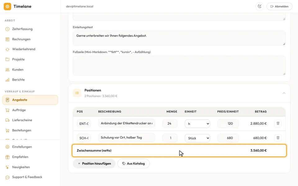 Der Angebotsentwurf mit den Abschnitten „Kopf“ und „Positionen“