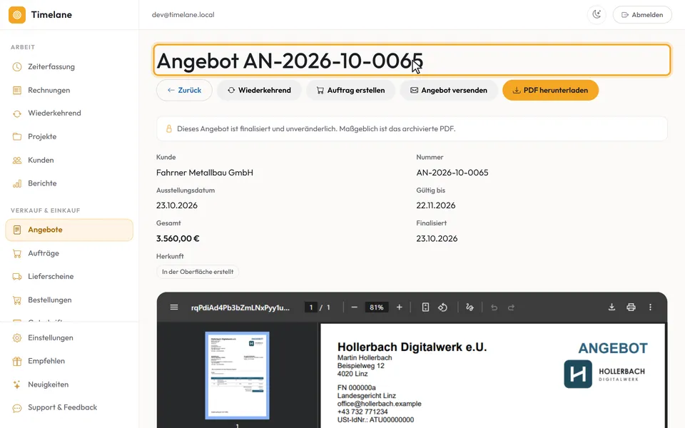 Das finalisierte Angebot mit seiner Nummer im Kopf