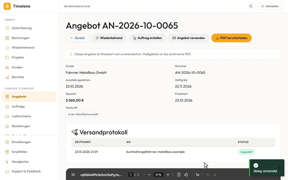 „Senden“ in der Vorschau der Angebotsmail