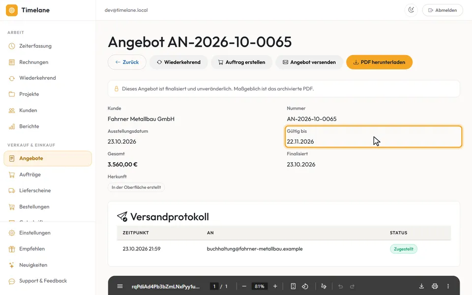 Das Versandprotokoll mit „Zugestellt“ und das Feld „Gültig bis“