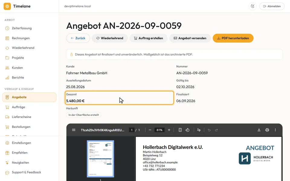 Das finalisierte Angebot mit seinen Angaben