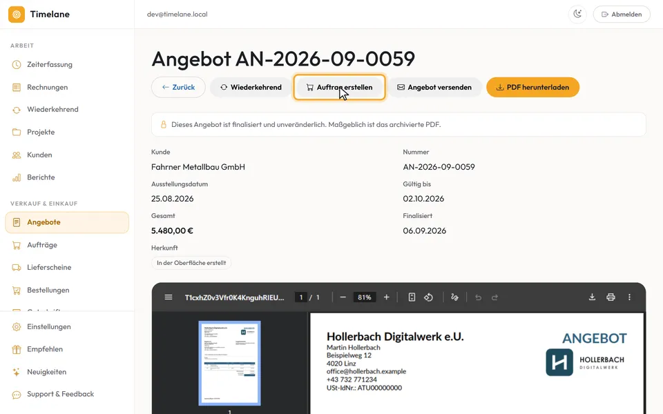 Der Knopf „Auftrag erstellen“ am Angebot