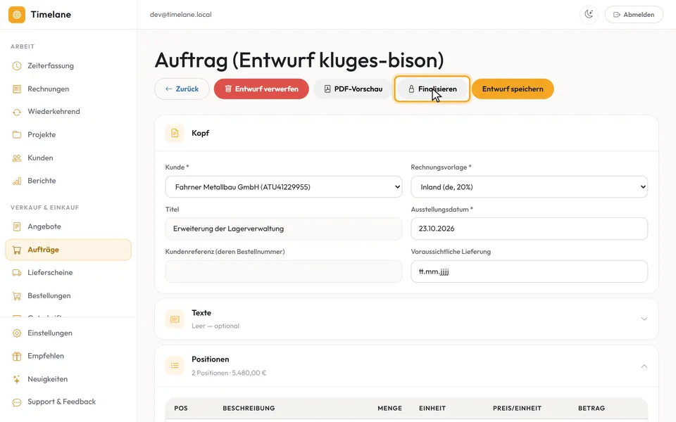 Das Feld „Voraussichtliche Lieferung“ und der Knopf „Finalisieren“