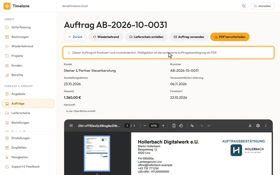Der finalisierte Auftrag mit Nummer und dem Hinweis, dass er unveränderlich ist