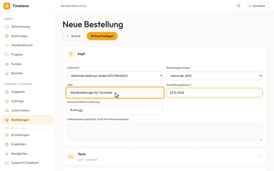 Die neue Bestellung mit gewähltem Lieferanten und Titel
