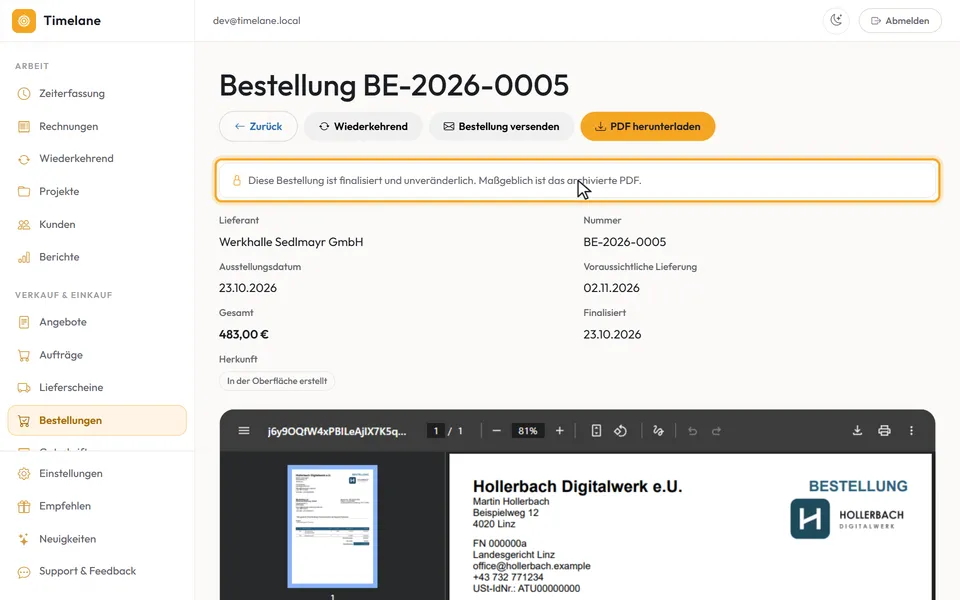 Die finalisierte Bestellung mit Nummer und dem Hinweis, dass sie unveränderlich ist