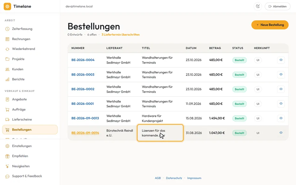 Die Bestellliste mit den Titeln der Bestellungen