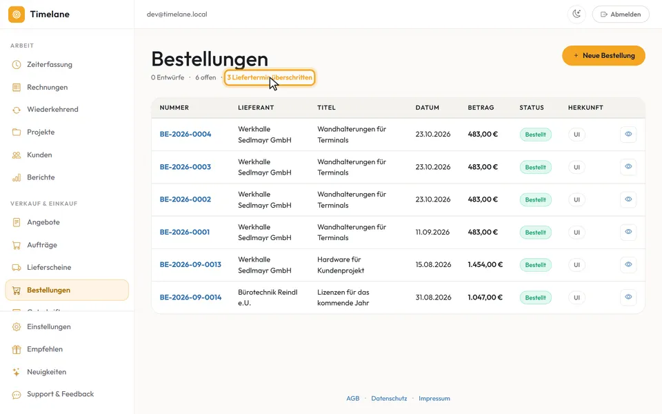 Der Hinweis „1 Liefertermin überschritten“ im Kopf der Liste