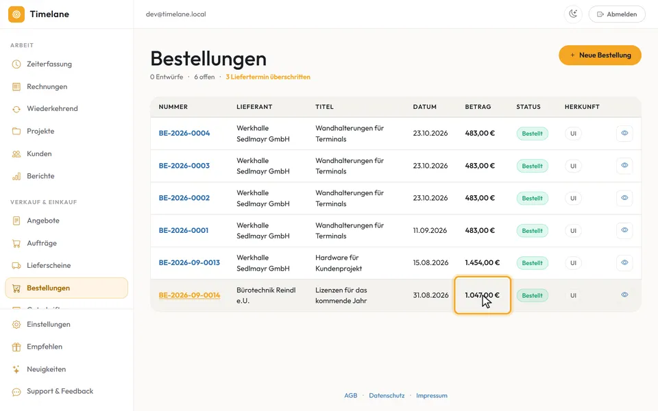 Betrag und das Abzeichen „Bestellt“ in der Bestellliste