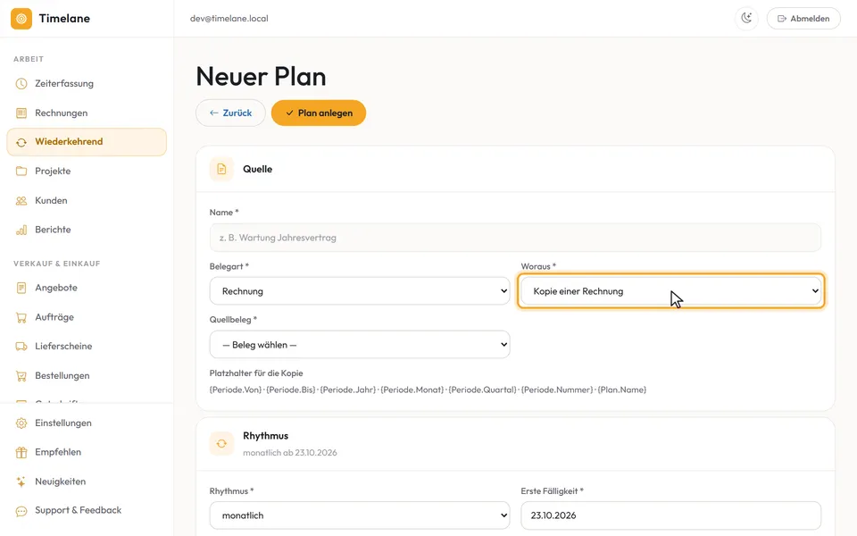 Das Formular „Neuer Plan“ mit Belegart und Woraus