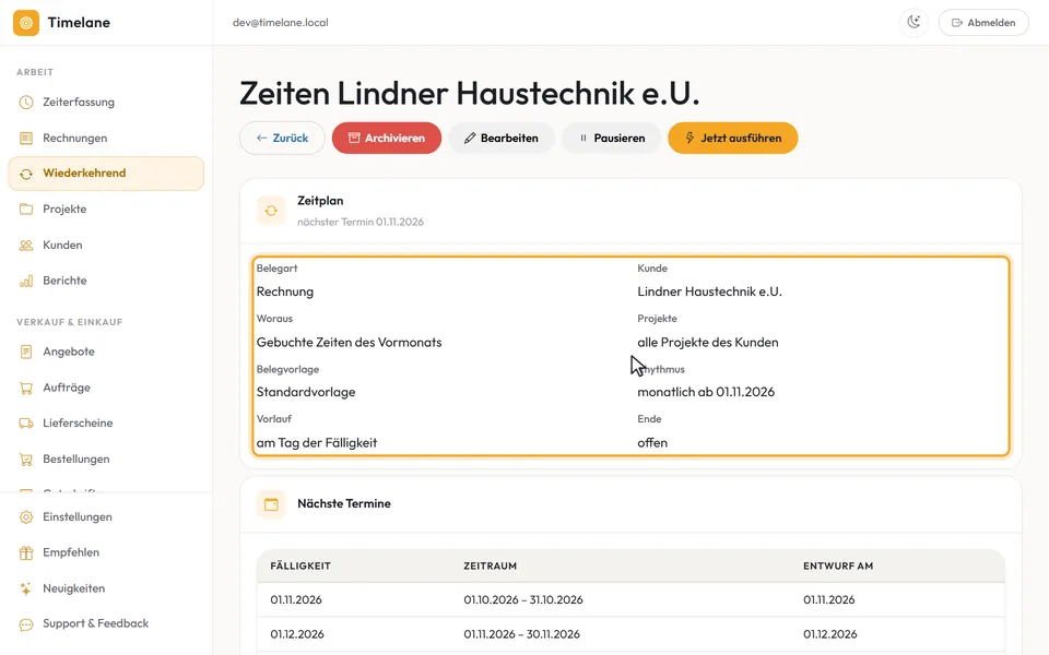 Die Planseite mit dem Abschnitt „Zeitplan“