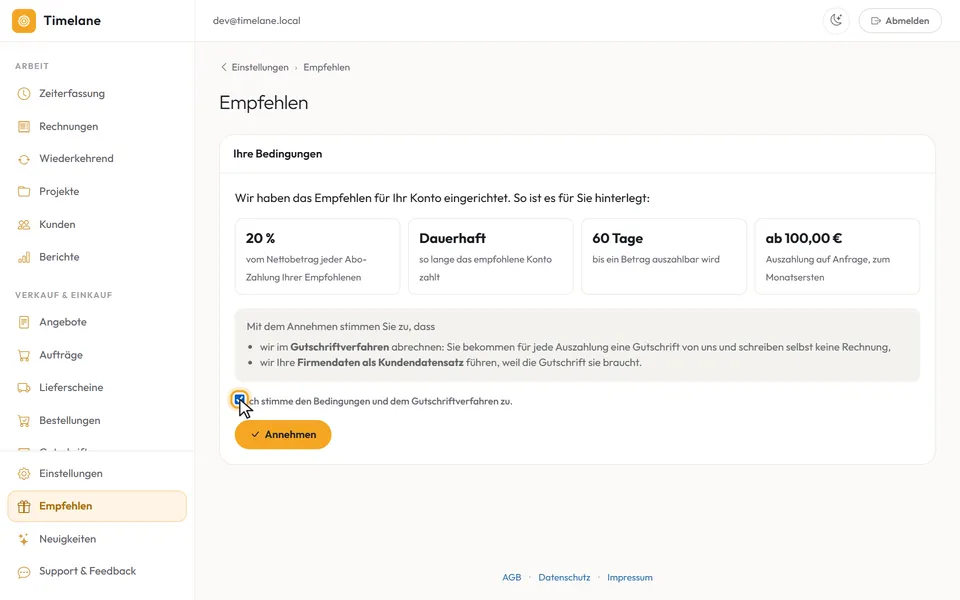 „Ihre Bedingungen“ mit dem Häkchen zur Zustimmung