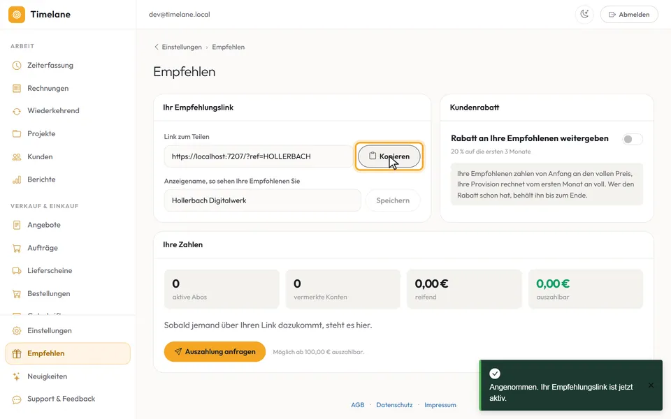 Der Empfehlungslink mit dem Knopf „Kopieren“