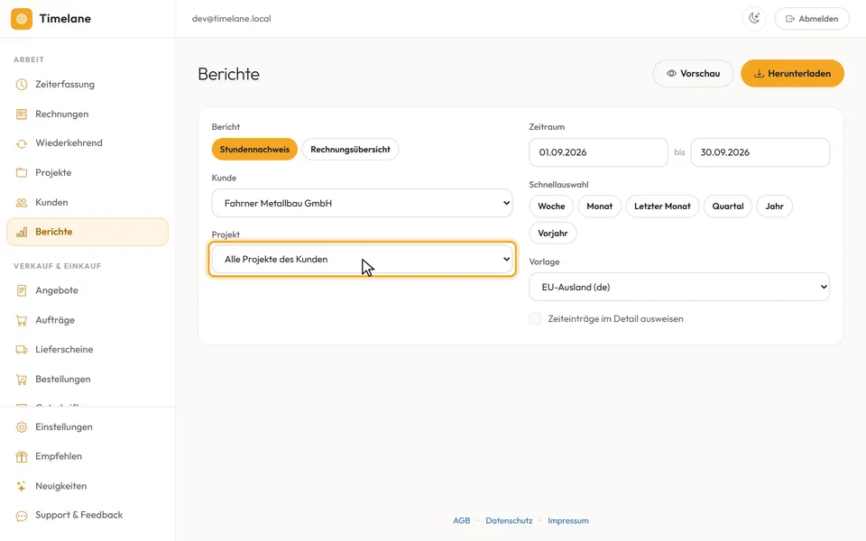 Der gewählte Kunde, das Projekt auf „Alle Projekte des Kunden“
