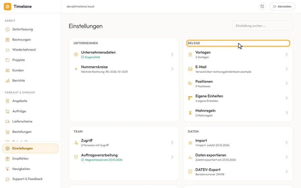 Die Einstellungen mit den Karten „Unternehmen“ und „Belege“