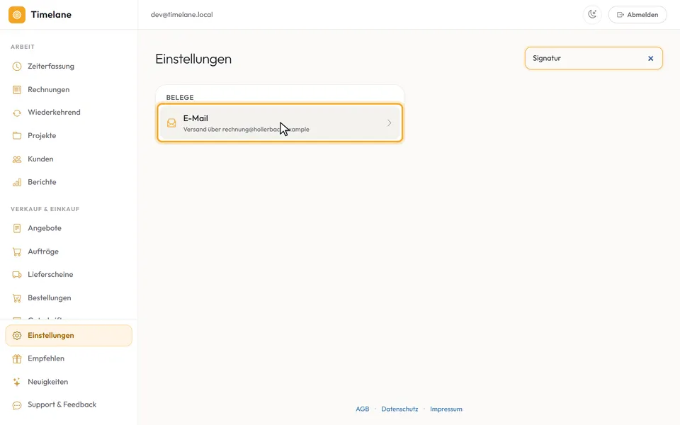 Die Suche nach „Signatur“ zeigt die Zeile „E-Mail“