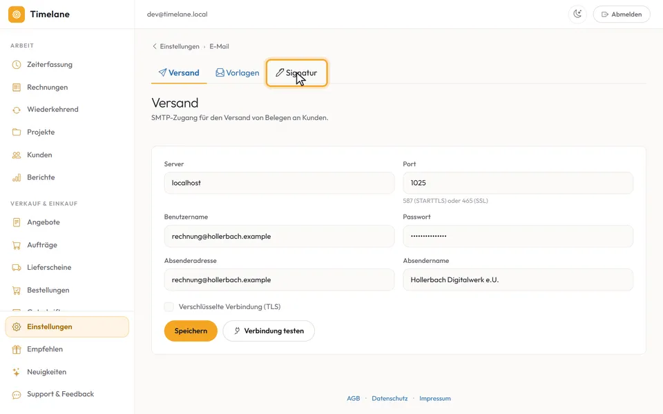 Die Seite „E-Mail“ mit ihren Reitern