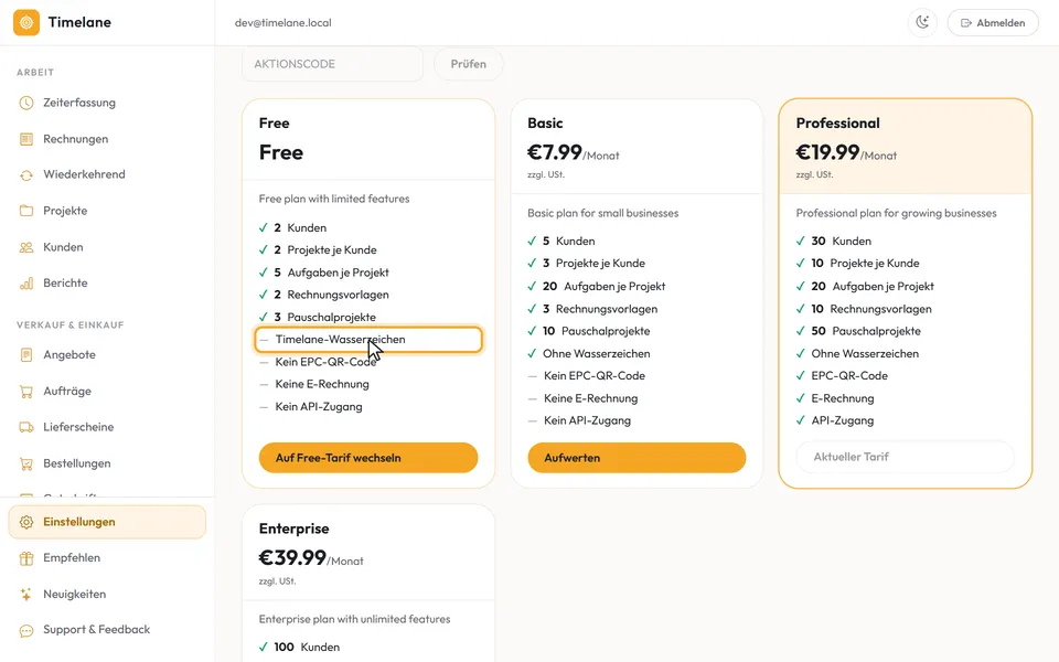 Die Merkmale auf der Karte des aktuellen Tarifs