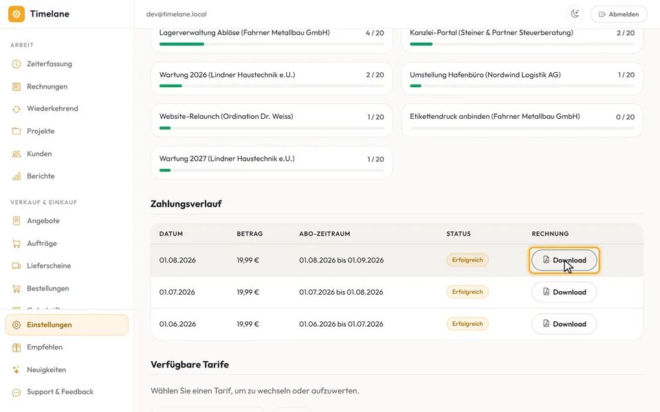 Der „Zahlungsverlauf“ mit dem Knopf „Download“