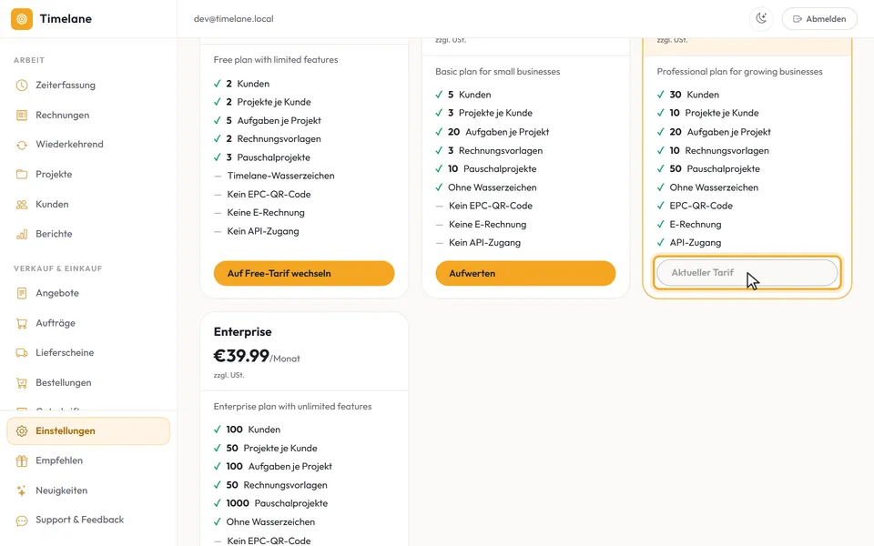 „Verfügbare Tarife“ mit der Karte „Aktueller Tarif“