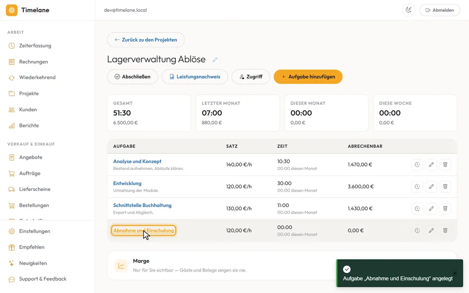 Die neue Aufgabe in der Liste