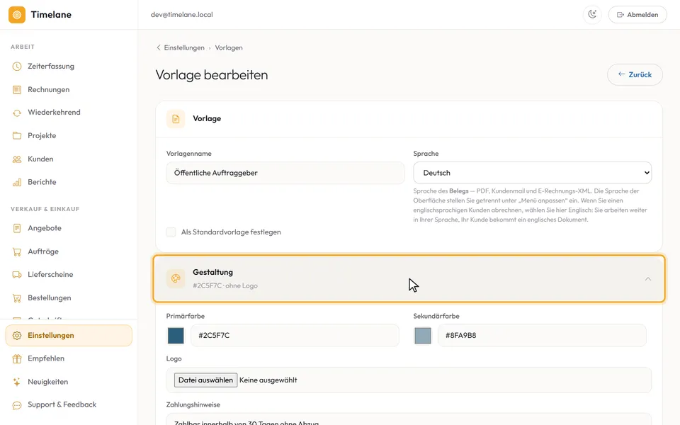 Der Abschnitt „Gestaltung“ im Vorlageneditor