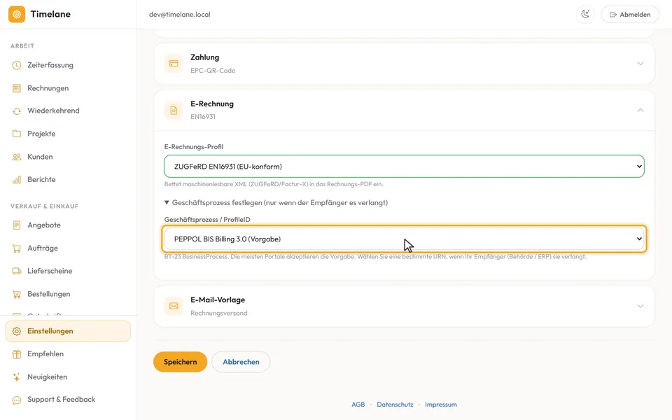 Das aufgeklappte Feld „Geschäftsprozess / ProfileID“