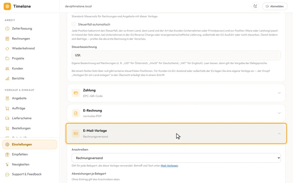 Der aufgeklappte Abschnitt „E-Mail-Vorlage“